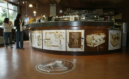 interior of Espresso Vivace with coffee mural by Karen Eland