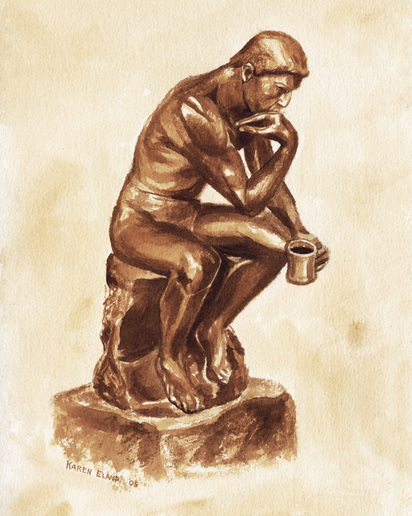 Rodin, thinker, drinker, coffee, espresso, Karen Eland, coffee art, painting, 
